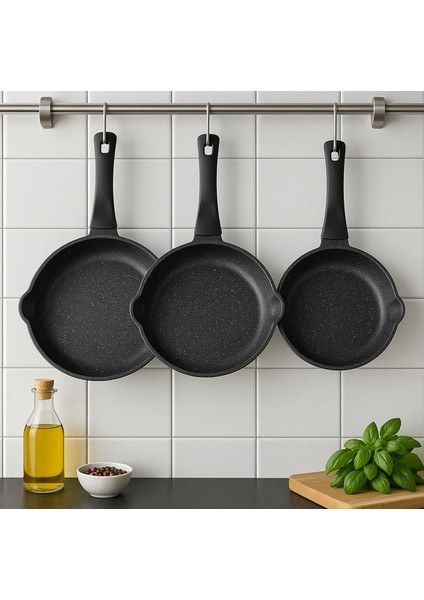 Asur Döküm Granit Gümüş Siyah 3'lü Tava Seti (20+24+28) modelleri