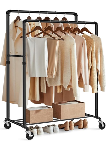 Askısı, Askısı, 2 Askısı ve Raflı Askısı, Tekerlekler, 110 Kg'a Kadar Yük Kapasitesi, Endüstriyel Tasarım, Yatak Odası, Giyinme Odası Için, Siyah HSR60B