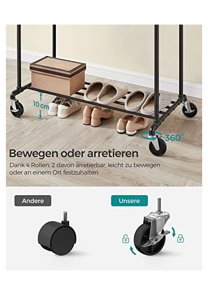 Askısı, Askısı, 2 Askısı ve Raflı Askısı, Tekerlekler, 110 Kg'a Kadar Yük Kapasitesi, Endüstriyel Tasarım, Yatak Odası, Giyinme Odası Için, Siyah HSR60B modelleri