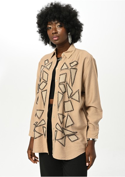 Kadın Geometrik Şekilli Taş Işlemeli Oversize Gömlek