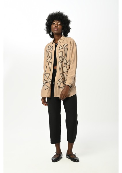 Kadın Geometrik Şekilli Taş Işlemeli Oversize Gömlek fırsatları