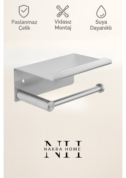 Paslanmaz Çelik Yapışkanlı Tuvalet Kağıdı Askılığı Raflı | Delmeden Montaj | Neme Dayanıklı