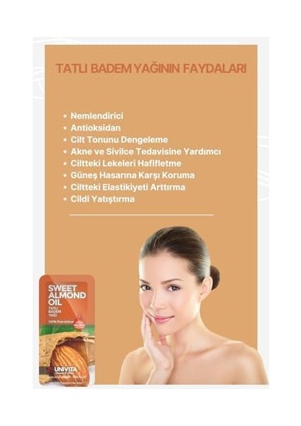 Unıvıta %100 Doğal Katkısız Tatlı Badem Yağı - 20 Günlük Bakım Kürü - 80 ml (4ml x 20)