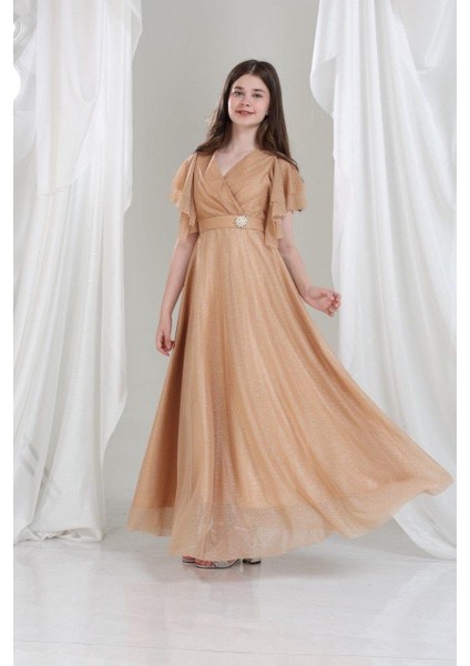 Kristal Kumaş Abiye Elbise Bej