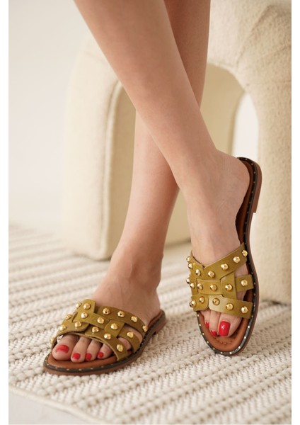 Modaserdem Loose Haki Yeşili Hakiki Deri Terlik modelleri