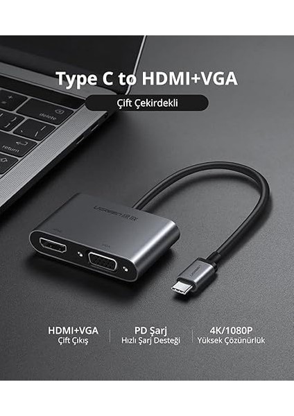 Type-C To Hdmı+Vga Pd Şarj Destekli Dönüştürücü Adaptör Uzay Gri modelleri