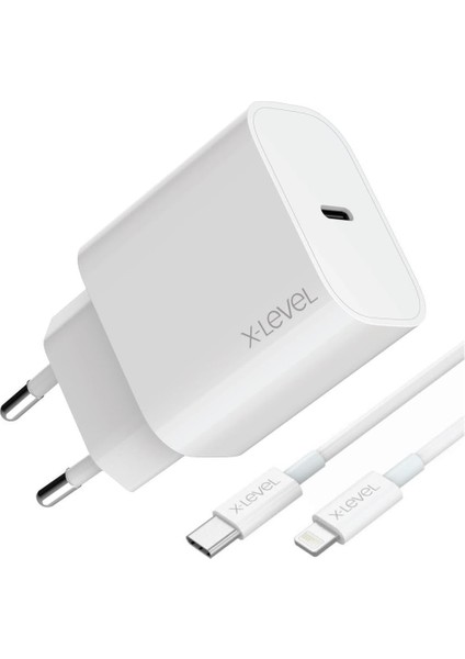 20W Hızlı Şarj Adaptör Seti - Type-C&apos;den Lightning Kablolu, Pd/qc/pps Destekli, Akım Korumalı, Kompakt, Akıllı Çip, 3A, XC4045, Beyaz