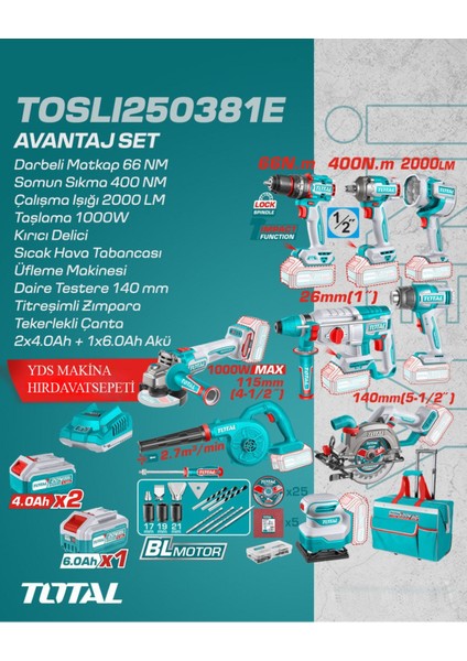9'lu Akülü Taşlama Darbeli Matkap Set 4.0 Ah 6.0 Ah Üç Akü Profesyonel Çantalı ve Aksesuarları