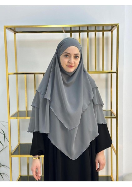 Tesettür Şifon Sufle,hazır Peçeli, Khımar ,hicap,gri
