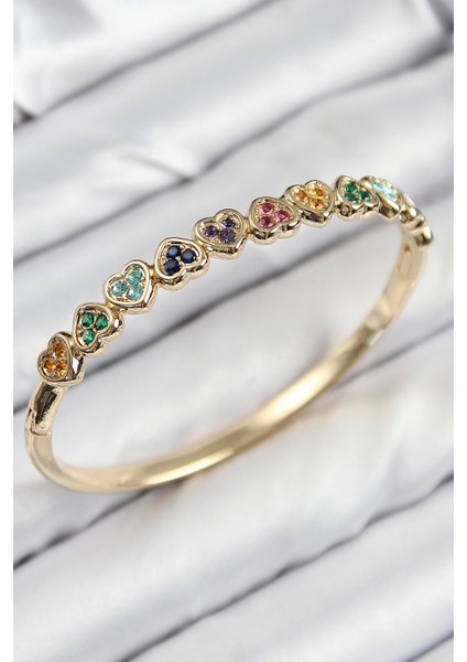 Bfs Pirinç Renkli Zirkon Taşlı Sıralı Kalp Model Gold Renk Kadın Kelepçe