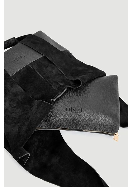 Tabanı Deri Yavrulu Süet Çanta - Siyah modelleri