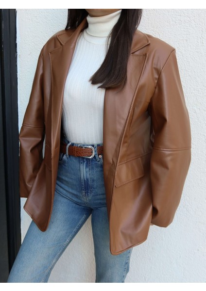 Düz Kesim Deri Blazer Ceket modelleri