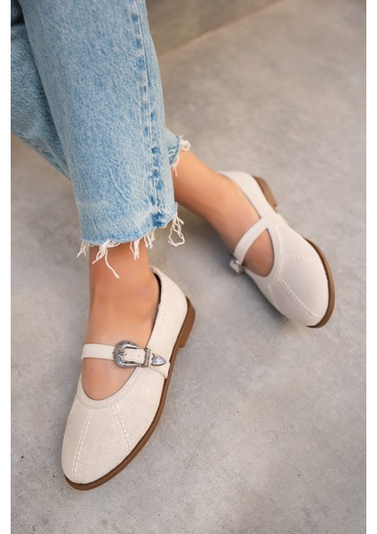 Opsis Bej Süet Düz Taban Kemer Detaylı Babet modelleri