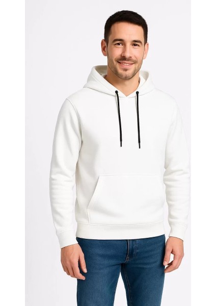 Erkek Üç Iplik Kapüşonlu Kanguru Cepli Sweatshirt Hoodie - Beyaz