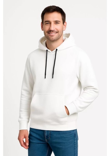 Erkek Üç Iplik Kapüşonlu Kanguru Cepli Sweatshirt Hoodie - Beyaz indirimleri