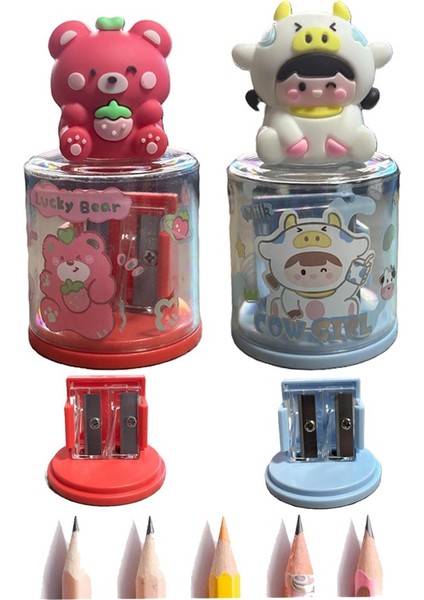 Mini Figürlü Sevimli 2 Li Kalem Traş 2 Adet Hazneli Kalemtıraş Çift Bıçaklı Kalem Açacağı Figürlü No1 Jumbo ve Standart