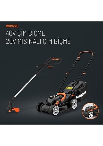 WG927E 40VOLT 2.0AH. Li-Ion 34CM Profesyonel Şarjlı Çim Biçme + WG157E.9 20VOLT 25CM Misinalı Çim ve Kenar Kesme fiyatları