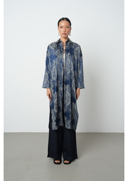 Kadın Lacivert Renk Desenli Uzun Tunik Tesettür Gömlek - Elbise fiyatları