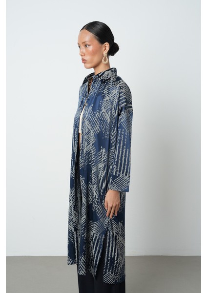 Kadın Lacivert Renk Desenli Uzun Tunik Tesettür Gömlek - Elbise modelleri