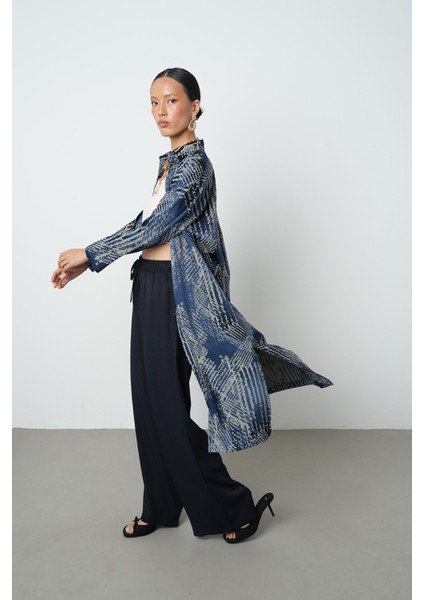 Kadın Lacivert Renk Desenli Uzun Tunik Tesettür Gömlek - Elbise fırsatları