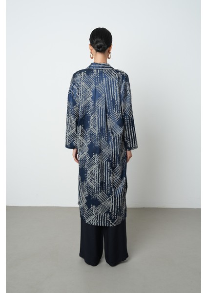 Kadın Lacivert Renk Desenli Uzun Tunik Tesettür Gömlek - Elbise indirimleri