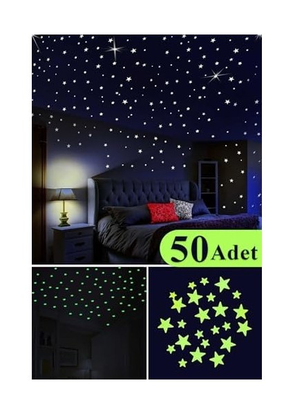 Karanlıkta Parlayan Fosforlu Ay ve Yıldız Tasarımlı Dekoratif (50 Adet Yıldız) modelleri