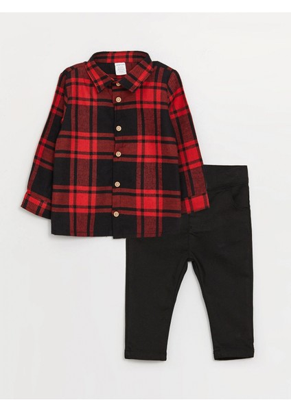 Lcw Baby Kırmızı Ekose Desenli Uzun Kollu Erkek Bebek Gömlek ve Pantolon 2'li Takım
