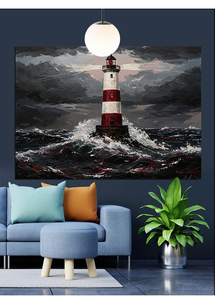 Deniz Feneri Fırtınalı Gece Dekoratif Kanvas - Mdf Ahşap Tablo