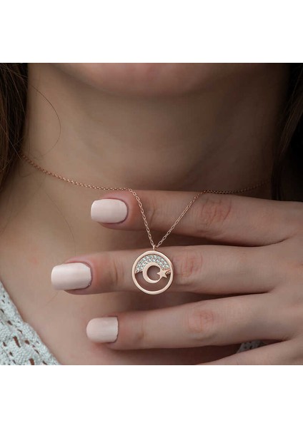 Gümüş Rose Ay Yıldız Bayan Kolye modelleri