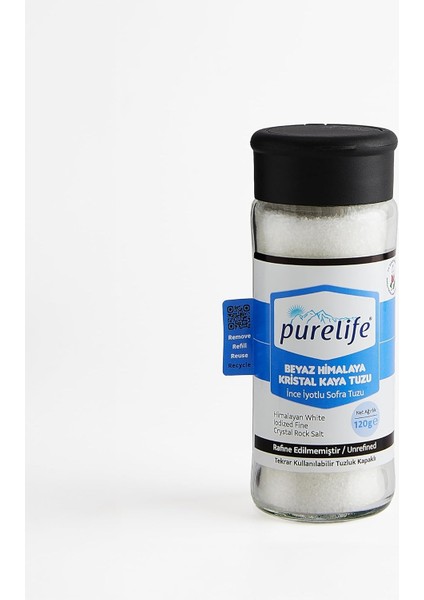 Purelife Himalaya Tuzu Beyaz Iyotlu Ince Cam Şişe Tuzluk Kapaklı 120G | Rafine Edilmemiş Doğal Tuz | Gurme Himalaya Kristal Kaya Tuzu |tekrar Kullanılabilir Ambalaj Iz Bırakmayan Sürdürülebilir Etiket