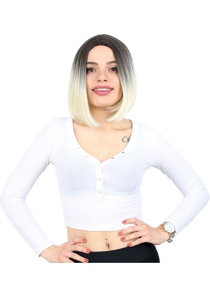 Kahkülsüz Düz Kısa Fiber Sentetik Peruk - Küllü Siyah / Platin Ombreli