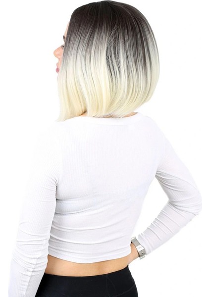 Kahkülsüz Düz Kısa Fiber Sentetik Peruk - Küllü Siyah / Platin Ombreli modelleri