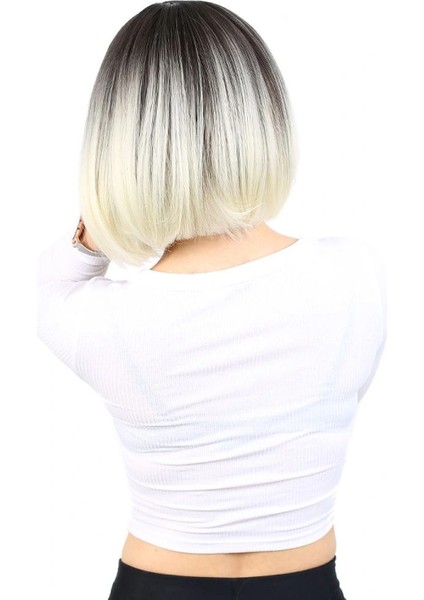 Kahkülsüz Düz Kısa Fiber Sentetik Peruk - Küllü Siyah / Platin Ombreli fırsatları