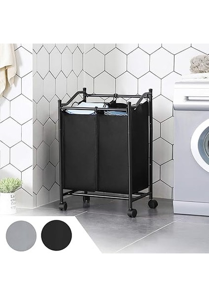 Çamaşır Ayırıcı, Tekerlekli ve 2 Bölmeli, Çamaşır Sepeti, Çıkarılabilir Çantalı Çamaşır Arabası, Toplam Kapasite 90 L, Siyah, LSF002BK fiyatları