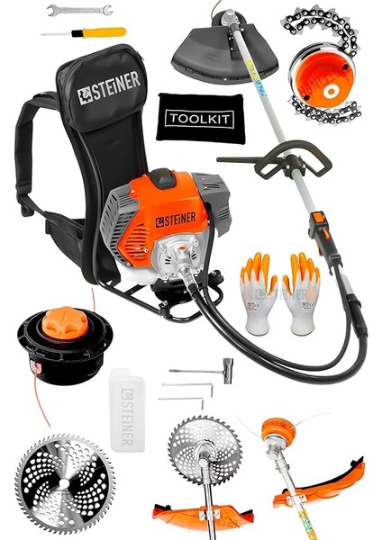 Alman 16 Hp Tam Profesyonel Sırt Tipi Benzinli Tırpan Ot Çalı Çim Biçme Makinesi Turuncu + Canavar Başlık