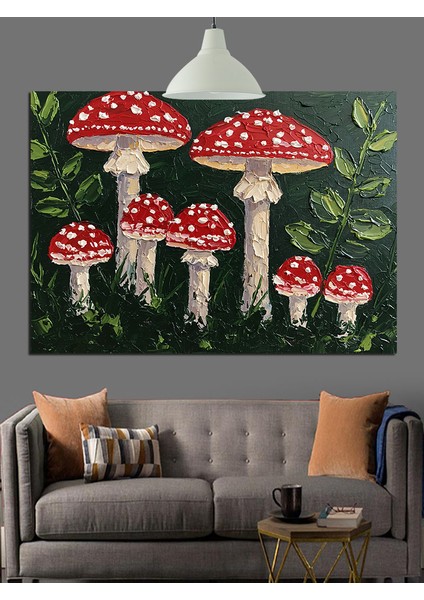 Kırmızı Beyaz Mantar Ormanı Dekoratif Kanvas - Mdf Ahşap Tablo