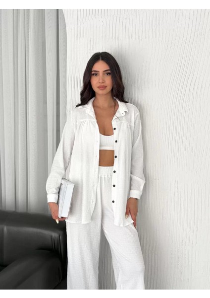 Yakalı Düğmeli Uzun Kollu Gömlek Pantolon Ikili Takım - Beyaz modelleri