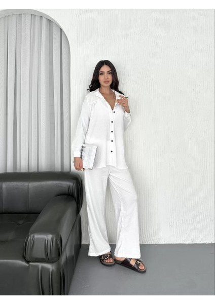 Yakalı Düğmeli Uzun Kollu Gömlek Pantolon Ikili Takım - Beyaz fırsatları