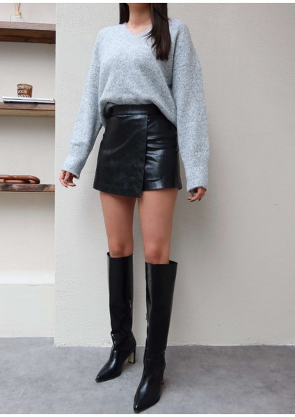 Siyah Deri Şort Etek