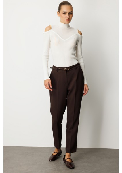 Kadın Beli Kemerli Dar Paça Pantolon 1013 Kahverengi fiyatları