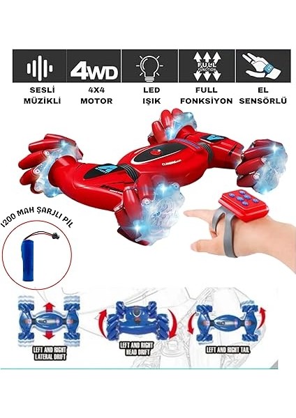 Kontrol ve Bilek Kumandalı Çift Kontrollü Şarjlı LED Işıklı Sesli ve Müzikli Drift Atan Akrobat Araba (Kırmızı) fiyatları