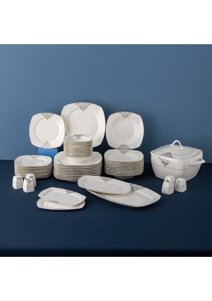 New Yasemin Porselen 60 Parça 12 Kişilik Yarım Kare Yemek Takımı Platin