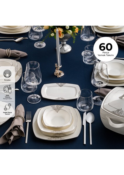 New Yasemin Porselen 60 Parça 12 Kişilik Yarım Kare Yemek Takımı Platin fiyatları
