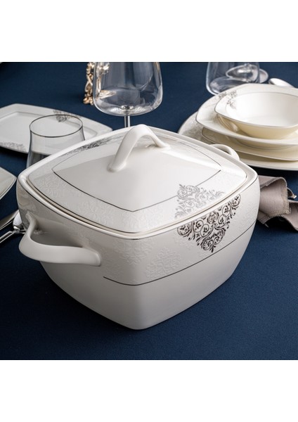 New Yasemin Porselen 60 Parça 12 Kişilik Yarım Kare Yemek Takımı Platin fırsatları