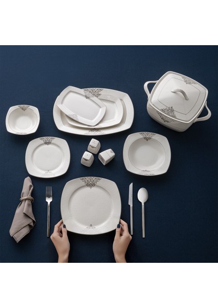 New Yasemin Porselen 60 Parça 12 Kişilik Yarım Kare Yemek Takımı Platin indirimleri