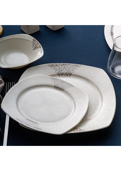 New Yasemin Porselen 60 Parça 12 Kişilik Yarım Kare Yemek Takımı Platin
