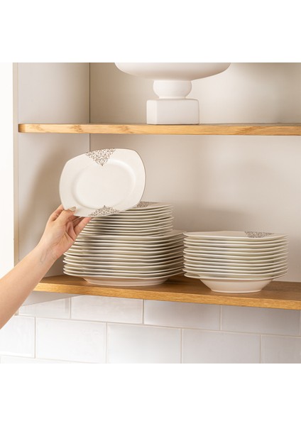 New Yasemin Porselen 60 Parça 12 Kişilik Yarım Kare Yemek Takımı Platin