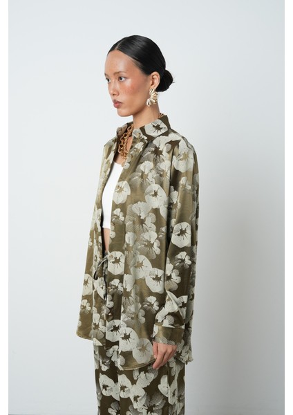 Kadın Haki - Bej Renk Desenli Oversize Kesim Tesettür Gömlek fiyatları