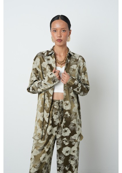 Kadın Haki - Bej Renk Desenli Oversize Kesim Tesettür Gömlek modelleri