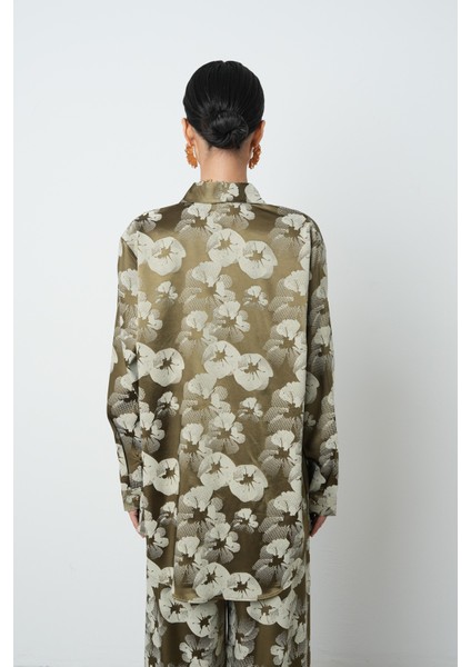 Kadın Haki - Bej Renk Desenli Oversize Kesim Tesettür Gömlek indirimleri
